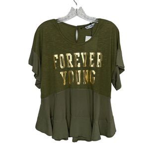 SMF Womens Olive Green Flutter Sleeve Top NEW "FOREVER YOUNG" Peplum Hem Sz S